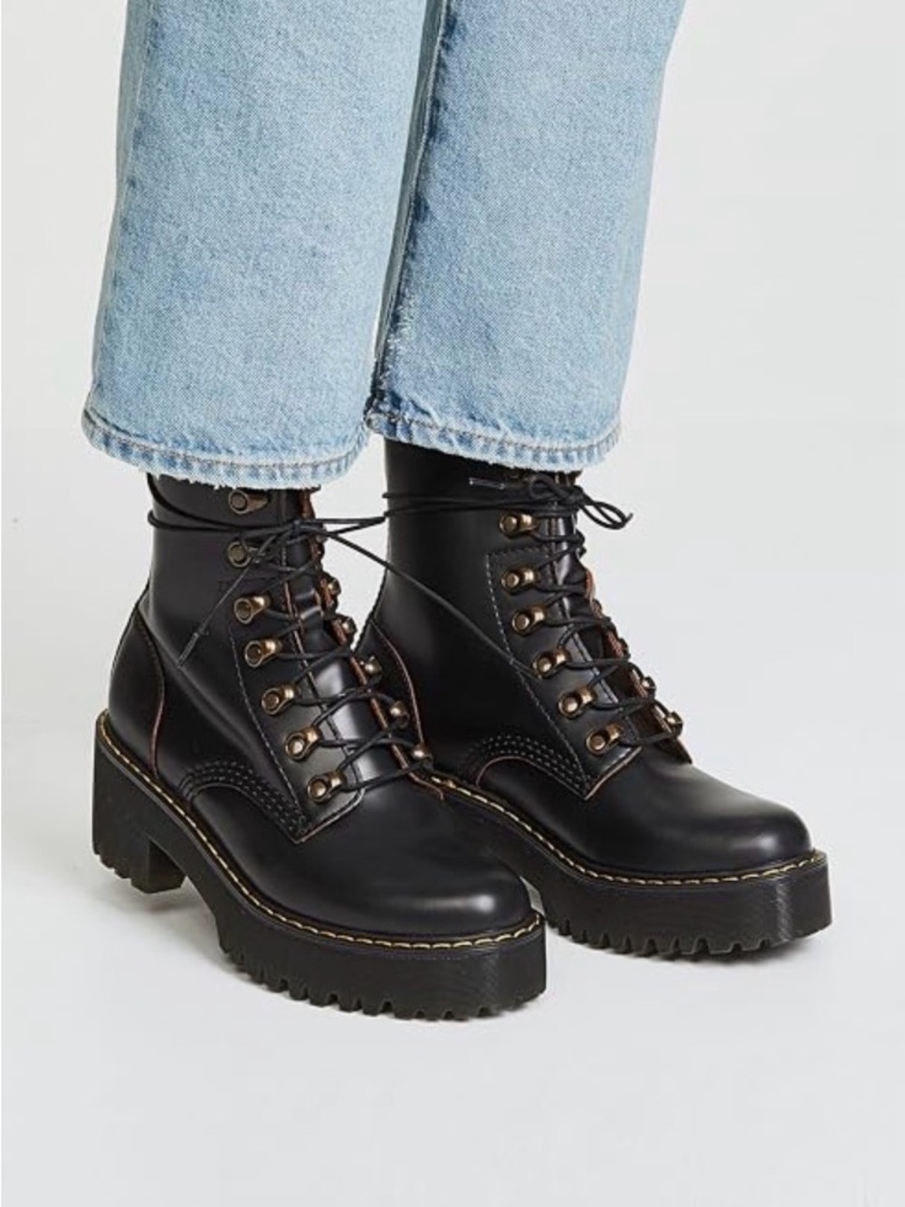 Dr. Martens Black Lace-Up Platform Combat Boot with Bronze Hardware - Picture 2 of 5